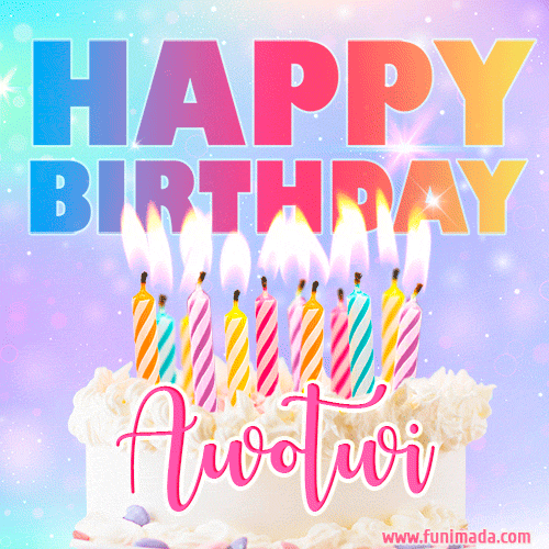A vibrant animated name GIF with the words 'Happy Birthday Awotwi' with colorful candles on a creamy cake. The background sparkles with pastel shades, adding a festive touch.