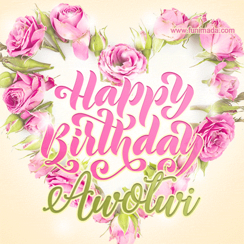 A stunning heart made of pink roses surrounds the elegant script text 'Happy Birthday Awotwi' on a soft beige background. Animated sparkles add a magical and festive feel.