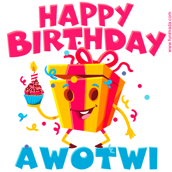 A vibrant and funny gift box character with a happy face dancing with a cupcake and the text 'Happy Birthday Awotwi,' surrounded by animated confetti and party vibes.