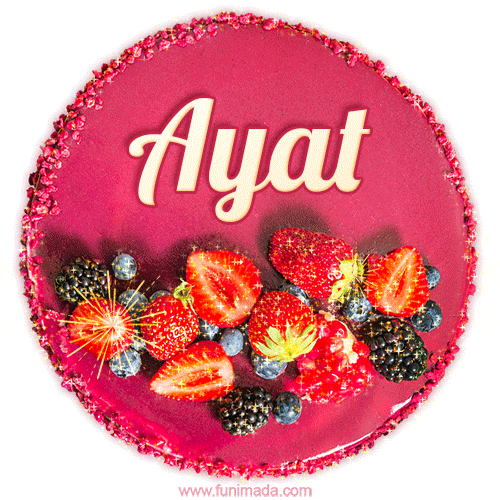 Beautifully decorated red velvet berry birthday cake with vibrant fruits and a glowing 'Ayat' name, adding a touch of sweetness and sparkle.
