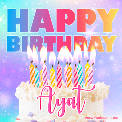 A vibrant animated name GIF with the words 'Happy Birthday Ayat' with colorful candles on a creamy cake. The background sparkles with pastel shades, adding a festive touch.