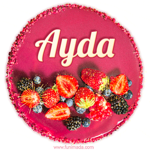 Beautifully decorated red velvet berry birthday cake with vibrant fruits and a glowing 'Ayda' name, adding a touch of sweetness and sparkle.