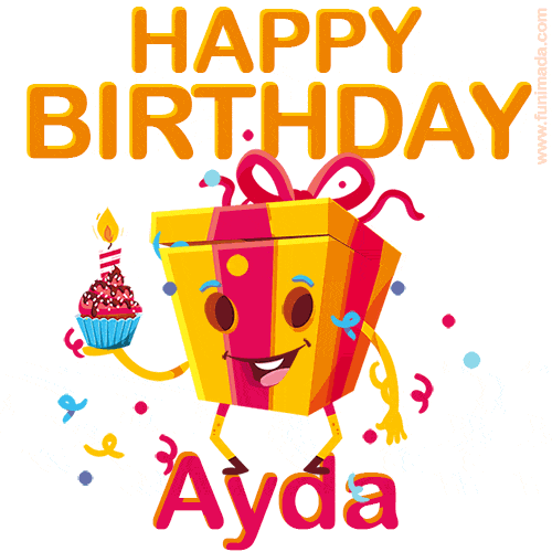 A vibrant and funny gift box character with a happy face dancing with a cupcake and the text 'Happy Birthday Ayda,' surrounded by animated confetti and party vibes.