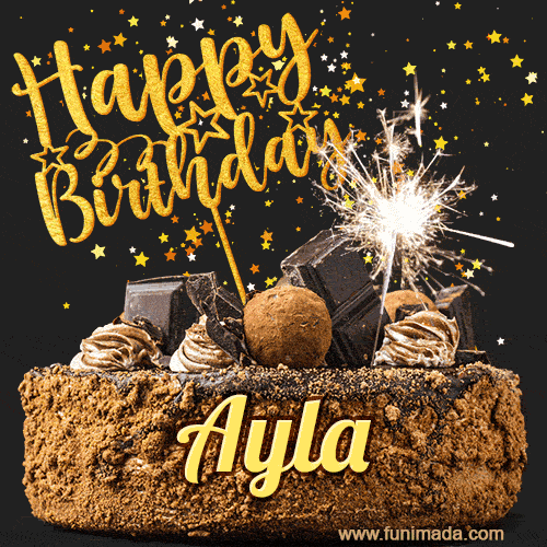 Celebrate Ayla's birthday with a GIF featuring chocolate cake, a lit sparkler, and golden stars