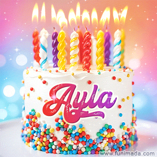 Personalized for Ayla elegant birthday cake adorned with rainbow sprinkles, colorful candles and glitter