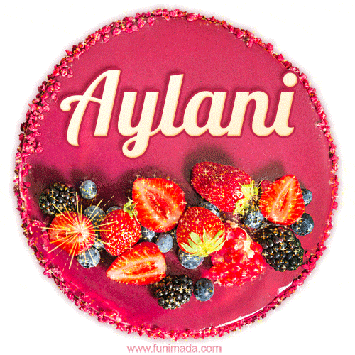 Beautifully decorated red velvet berry birthday cake with vibrant fruits and a glowing 'Aylani' name, adding a touch of sweetness and sparkle.