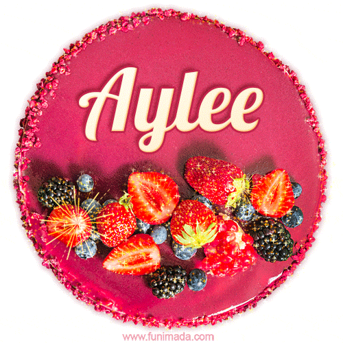 Beautifully decorated red velvet berry birthday cake with vibrant fruits and a glowing 'Aylee' name, adding a touch of sweetness and sparkle.