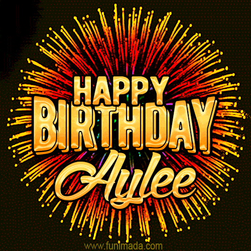 Golden 'Happy Birthday Aylee' text accompanied by animated rainbow fireworks for a festive animated greeting.