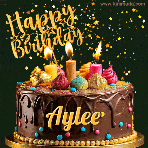 A delightful chocolate birthday cake with bright candles and 'Happy Birthday Aylee' written in gold amidst a shower of animated stars.
