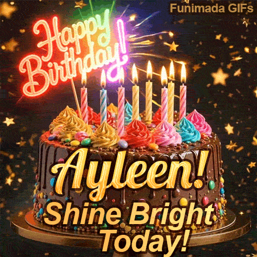 Yellow script spelling the name Ayleen! on a classic chocolate cake under a glowing pink neon Happy Birthday sign.