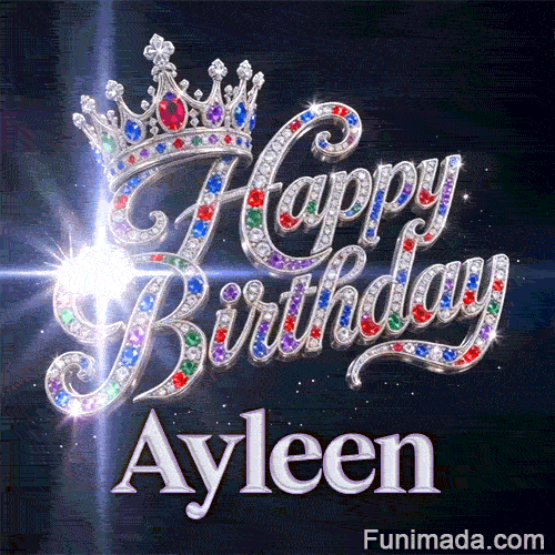 Detailed view of colorful red, blue, and green gemstones embedded in a silver tiara above Ayleen's name.