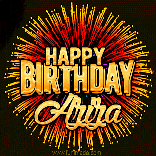 Golden 'Happy Birthday Aziza' text accompanied by animated rainbow fireworks for a festive animated greeting.