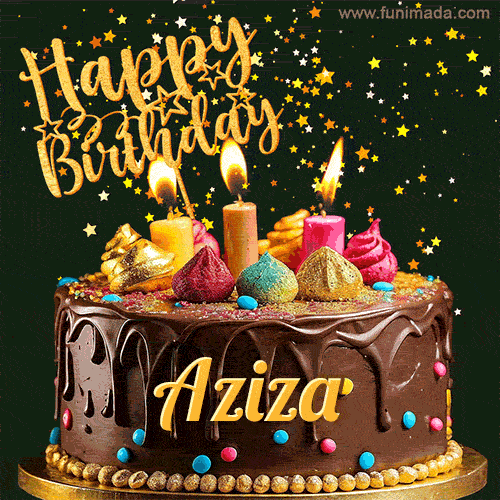 A delightful chocolate birthday cake with bright candles and 'Happy Birthday Aziza' written in gold amidst a shower of animated stars.