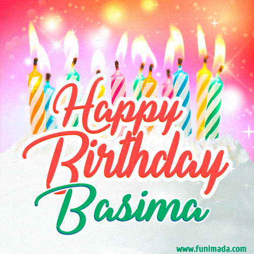 Happy Birthday GIF for Basima with Birthday Cake and Lit Candles