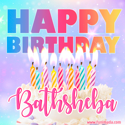 Animated Happy Birthday Cake with Name Bathsheba and Burning Candles