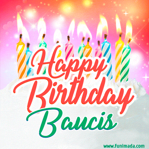 Happy Birthday GIF for Baucis with Birthday Cake and Lit Candles