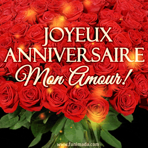 Joyeux anniversaire mon amour. Beau bouquet de roses rouges.