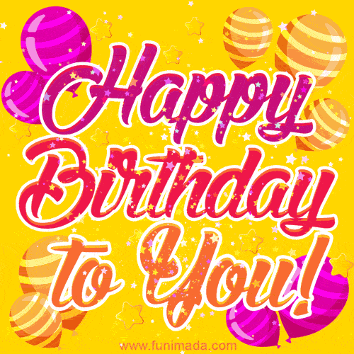 Juicy pink and yellow balloons and shiny stars happy birthday to you gif