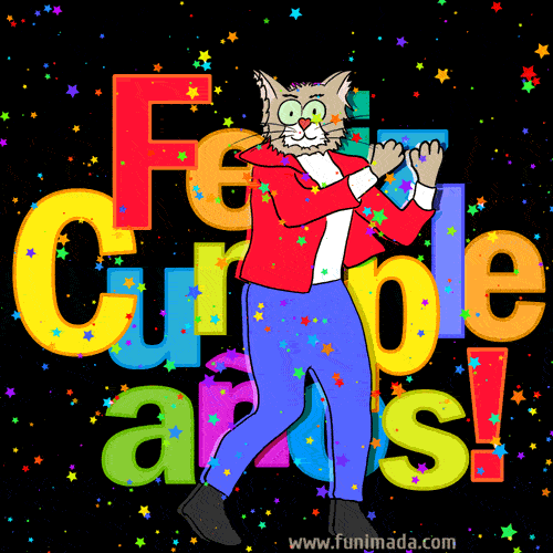 [¡Nuevo!] Imagen gif de cumpleaños bailando. Danza del gato de dibujos animados sobre fondo colorido.