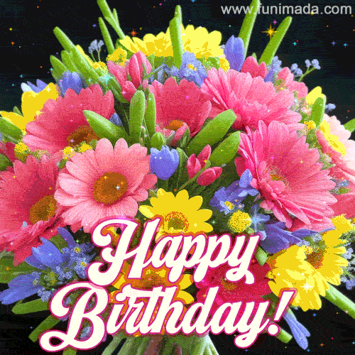 A beautiful bouquet of spring flowers on black background - flickering happy birthday gif