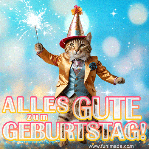 Alles Gute zum Geburtstag GIF. Eine lustige Katze in einem schönen Anzug, die eine Wunderkerze schwenkt.