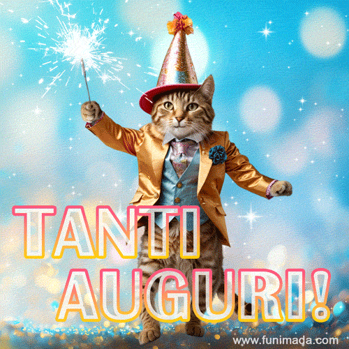 Gif di buon compleanno: un gatto divertente con un bellissimo vestito, che agita una stella filante