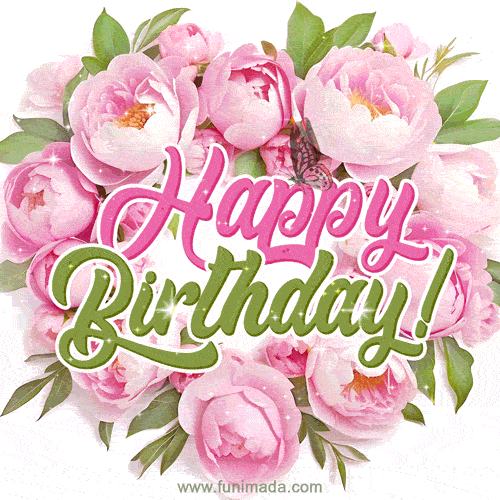 Heart-shaped pink peonies wreath. Celebrate with a joyful happy birthday floral GIF.