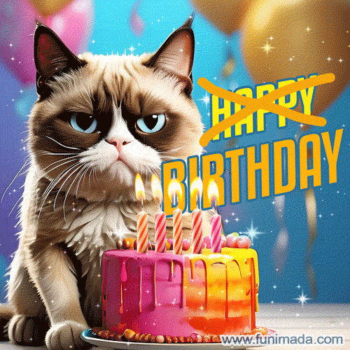 Grumpy Cat reluctantly celebrates with a birthday cake in a humorous GIF