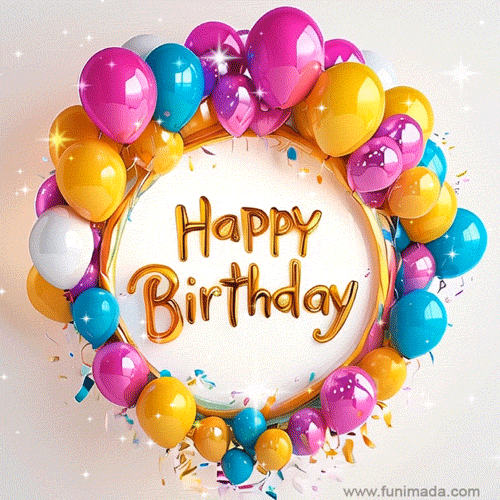 A round frame with colorful balloons and golden text GIF for a joyous birthday celebration