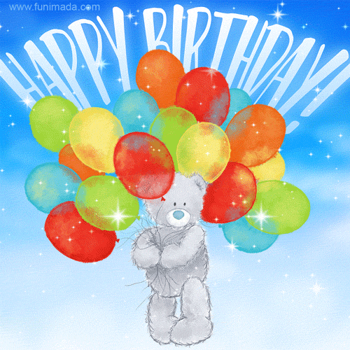 Teddy bear with colorful balloons hand drawn happy birthday gif