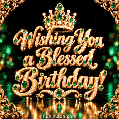 A golden crown set with green emeralds and pearls rests above jeweled Wishing You a Blessed Birthday lettering in gold with diamonds and emerald accents while soft green lights reflect on a dark surface