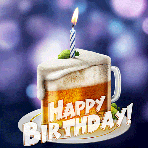 Funny animated happy birthday gif for him. Beer Cake with a candle.