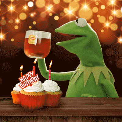 Kermit drinking tea and wishing happy birthday. Funny GIF animation.