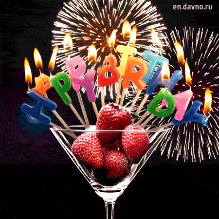 Strawberry cocktail, lit candles and fireworks. Happy Birthday GIF. — Download on Funimada.com