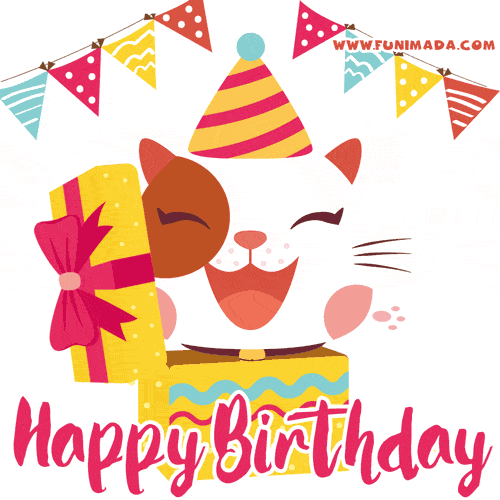 Birthday Cat GIF. Cute kitten jumping out of a gift box. — Download on