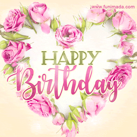 Pink rose heart shaped bouquet - Happy Birthday animated Card (GIF)
