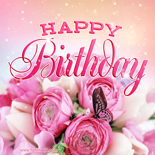 Beautiful pink roses, butterflies & blinking stars Happy Birthday Card