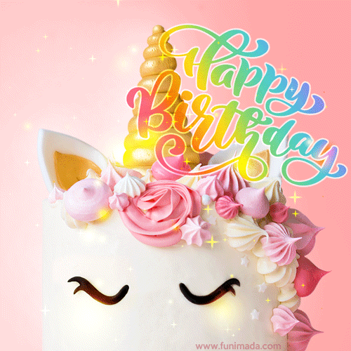 Happy birthday unicorn cake with rainbow topper and sparkles