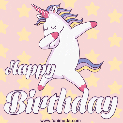 Cute dancing unicorn on animated stars background birthday gif