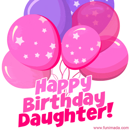 Happy birthday daughter gif. Pink and blue ballons animated image.