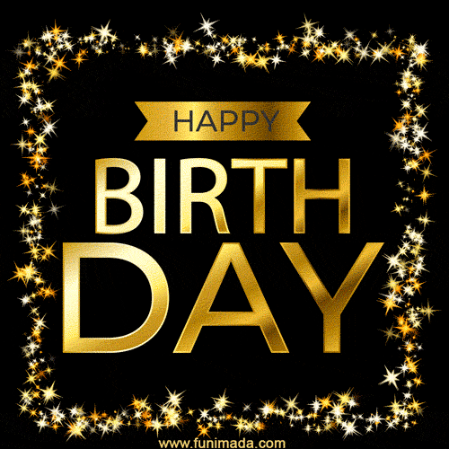 Blinking and glittering gold stars frame happy birthday card (GIF)