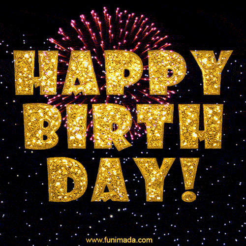 Golden Happy Birthday Text GIF with glitter effects and bursting firecrakers