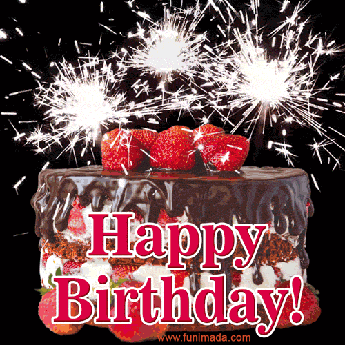 Chocolate and raspberry Happy Birthday cake with sparklers gif