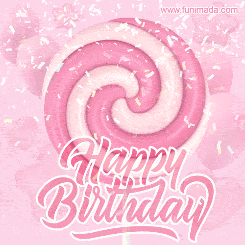 Animated rotating pink spiral candy lollipop, falling confetti