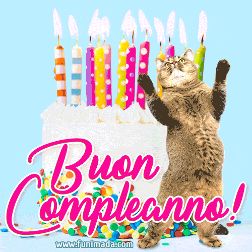Buon compleanno! Scarica la nuova GIF: torta di compleanno e gatto che balla.