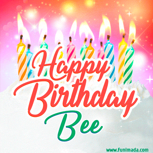 Happy Birthday GIF for Bee with Birthday Cake and Lit Candles — Download on  Funimada.com