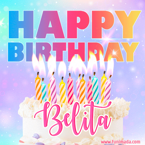 Animated Happy Birthday Cake with Name Belita and Burning Candles