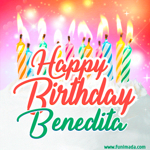 Happy Birthday GIF for Benedita with Birthday Cake and Lit Candles