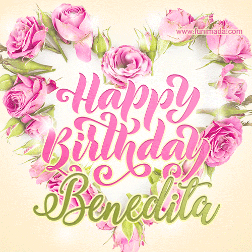 Pink rose heart shaped bouquet - Happy Birthday Card for Benedita