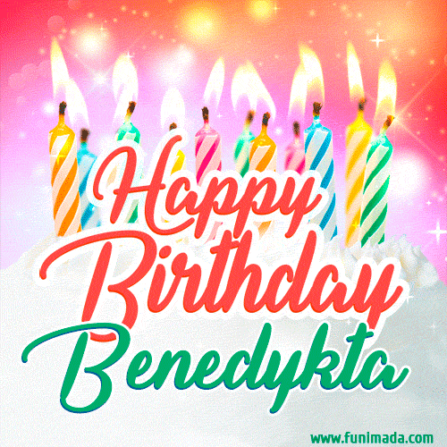 Happy Birthday GIF for Benedykta with Birthday Cake and Lit Candles
